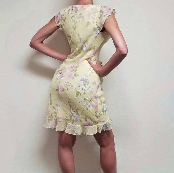 Vintage City Triangles Yellow Pink Floral Ruffle Flutter Sleeve Chiffon Dress M - Picture 3 of 14